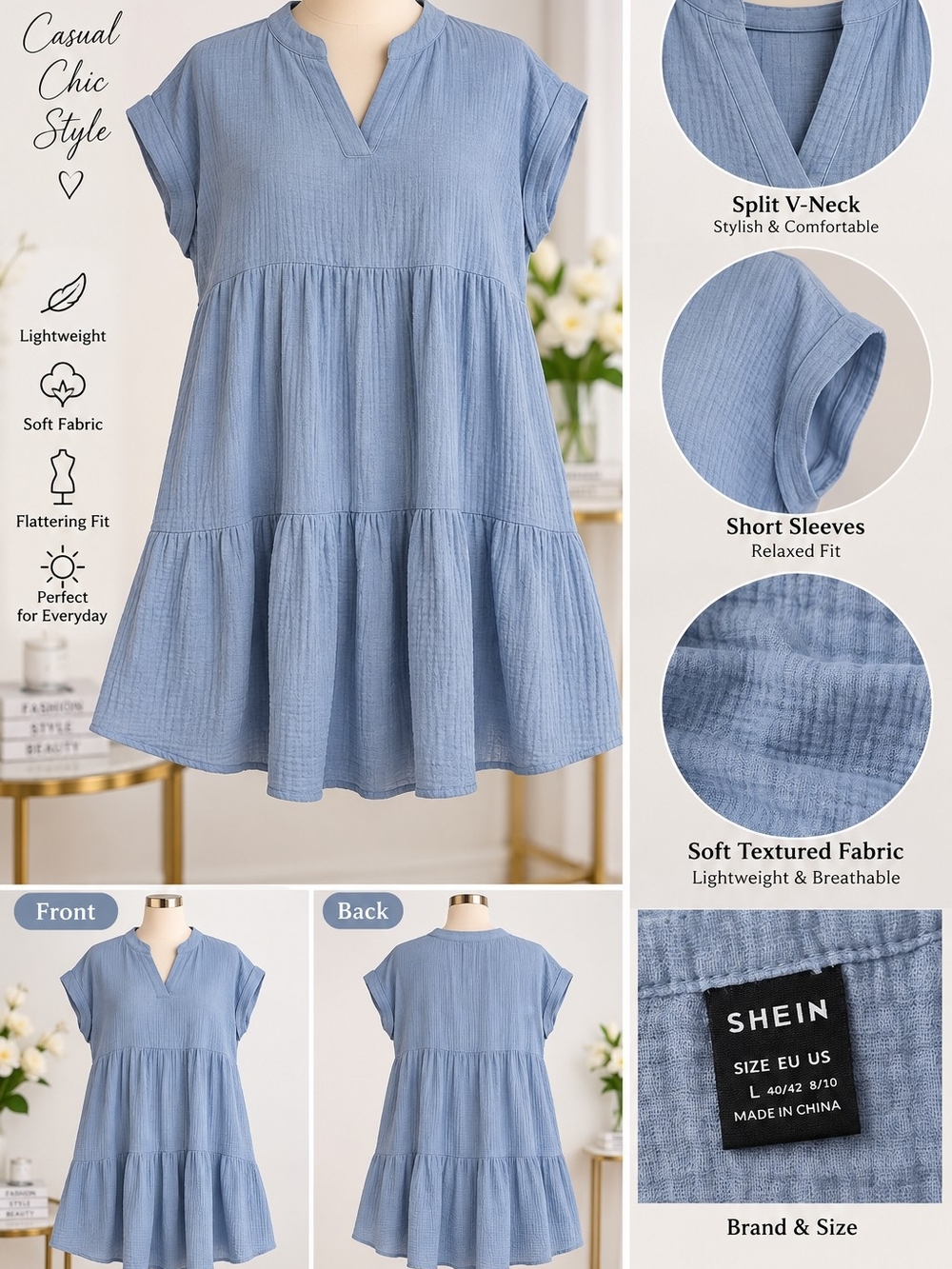 SHEIN Blue Split V-Neck Tiered Mini Dress Size L